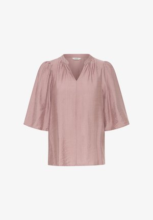 Jasnoróżowa bluzka z krótkim rękawem, z dekoltem w kształcie litery V, z plisowanymi detalami na ramionach oraz gładkim, lekko teksturowanym wykończeniem materiału.