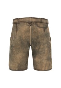 Bruna lädershorts med mjuk textur, som har midjeband, framzipper och sidofickor. Designen är enkel utan mönster.