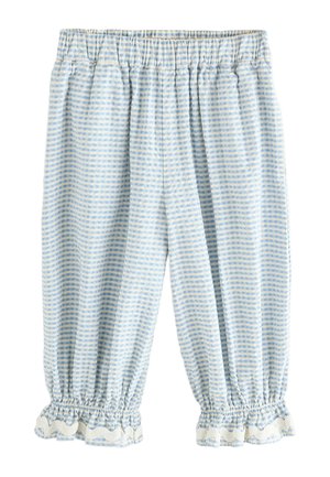 Lichtblauwe en witte gestreepte broek met elastische taille, verzamelde boorden en ruches bij de enkels, ontworpen voor een ontspannen pasvorm.