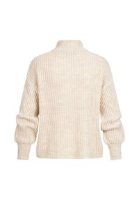 Cream-colored knitted sweater with a high collar, ribbed texture, and oversized sleeves. Features dropped shoulders and a relaxed fit.