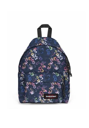 Zaino blu navy con stampa floreale in rosa, viola e verde. Dotato di una tasca frontale e spallacci neri regolabili. Realizzato in tessuto resistente.