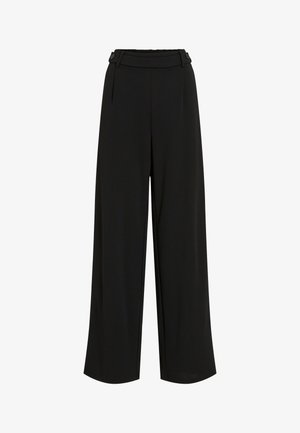 Plati melni bikses, kas izgatavotas no viegla materiāla. Īpašības ietver jostu ar diviem pogām un smalkām krokām priekšā.