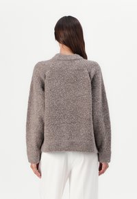 Pull en laine texturé brun avec une coupe décontractée, col côtelé et épaules tombantes. Vue de dos, tissu doux avec un aspect légèrement duveteux.