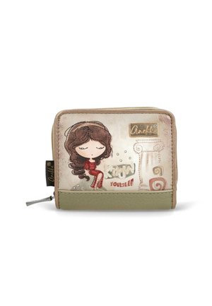 Kompaktowy portfel na zamek błyskawiczny z wizerunkiem kreskówkowej dziewczyny z długimi brązowymi włosami, ilustracją greckiej kolumny oraz napisem "Poznaj siebie" na przedniej stronie.