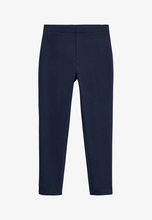 Marineblauwe broek met een slim fit, met gestikte naden aan de voorkant, gemaakt van een gladde stof, ontworpen voor een slimme uitstraling.
