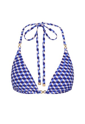 Haut de bikini triangle à motif géométrique bleu et blanc, avec lien autour du cou et dans le dos, doté de fermoirs dorés en forme d'infini.