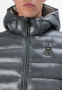 Gray puffer jacket with a high collar, made of shiny, quilted material. Features a front zipper, black accents, and a label with brand name.