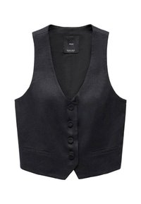 Czarna lniana kamizelka z dekoltem w serek, z guzikami z przodu oraz dwiema kieszeniami po bokach. Gładka tekstura i dopasowany krój dla uzyskania eleganckiego wyglądu.