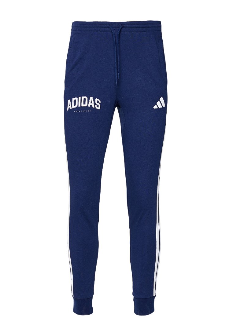 Pantalones de chándal Adidas azul marino con logo blanco, cinturilla elástica, cordón y rayas laterales. Hechos de un material suave y transpirable.