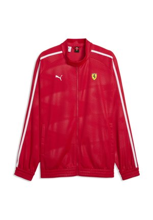 Czerwona kurtka Puma na pełny zamek z białymi paskami na rękawach i logo Ferrari na piersi, z wysokim kołnierzem i elastycznymi mankietami.