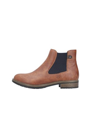 Bottines en cuir marron avec des panneaux latéraux élastiques, bout rond, surface texturée et un petit talon empilé. Présente un logo sur le côté.