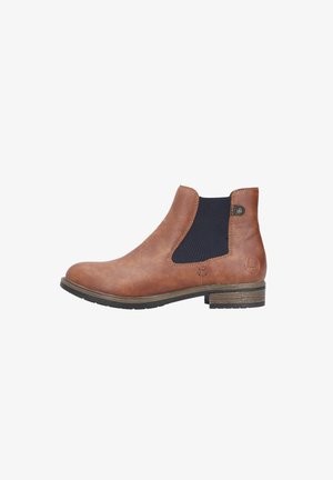 Brauner Lederknöchelstiefel mit elastischen Seitenpaneelen, runder Spitze, strukturiertem Obermaterial und einem niedrigen Blockabsatz. Mit einem Logo an der Seite.