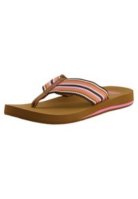 Brown flip-flop sandal featuring a multicolored striped fabric strap and a cushioned sole with pink accent along the edge.