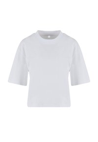 T-shirt court blanc uni à manches courtes avec col rond et étiquette taille petite à l'intérieur du col.