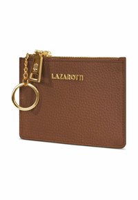 Porte-cartes en cuir marron avec fermeture éclair. Présente une fermeture éclair dorée, un anneau porte-clés, et le logo "LAZAROTTI" en relief à l'avant.