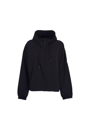 Veste noire zippée à capuche avec cordons, poignets élastiques et col montant, affichée sur un fond blanc uni.