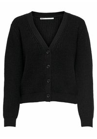 Cardigan lavorato a maglia nera con scollo a V, chiusura con bottoni, polsini e orlo a coste. La trama è spessa, conferendo profondità al design.