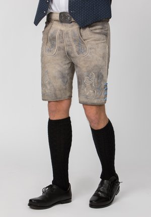 Mann trägt traditionelle bayerische Lederhosen mit hellblauer Stickerei, einer dekorativen Gürtelschnalle, schwarzen kniehohen Strümpfen und schwarzen eleganten Schuhen.