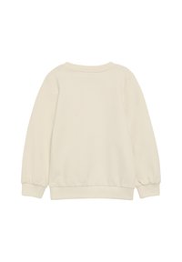 Kremowy sweter z długimi rękawami, ściągaczami na mankietach i okrągłym dekoltem. Gładka tekstura, bez widocznych wzorów czy ozdób.