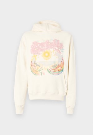 Cream hoodie made of cotton blend with a kangaroo pocket, featuring colorful graphic of a sun, waves, and flowers on the front.