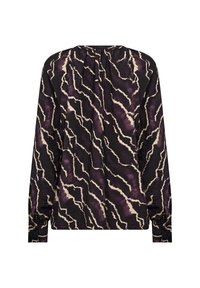 Långärmad blus i svart tyg med ett vågigt mönster i lila och kräm. Rynkad halsringning och knäppte ärmslut. Slät textur.