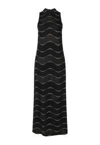 Robe sans manches noire avec un motif en vagues en fils métalliques argentés. Encolure haute, silhouette fluide et coupe longueur cheville.