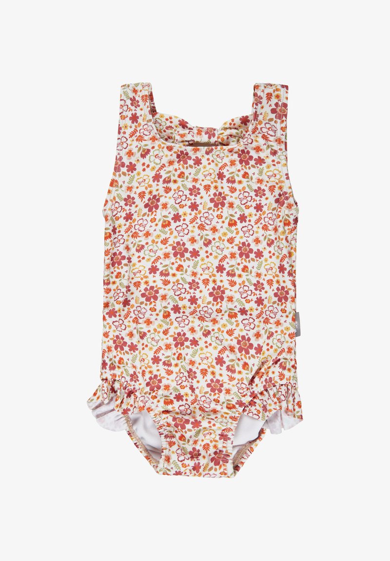Blumiger Einteiler-Badeanzug mit roten, orangefarbenen und grünen Blumen auf einem weißen Hintergrund. Verfügt über gefranste Ränder und breite Schulterträger.