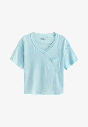 Light blue short-sleeve V-neck shirt with a small chest pocket and folded sleeve cuffs, displayed on a white background.