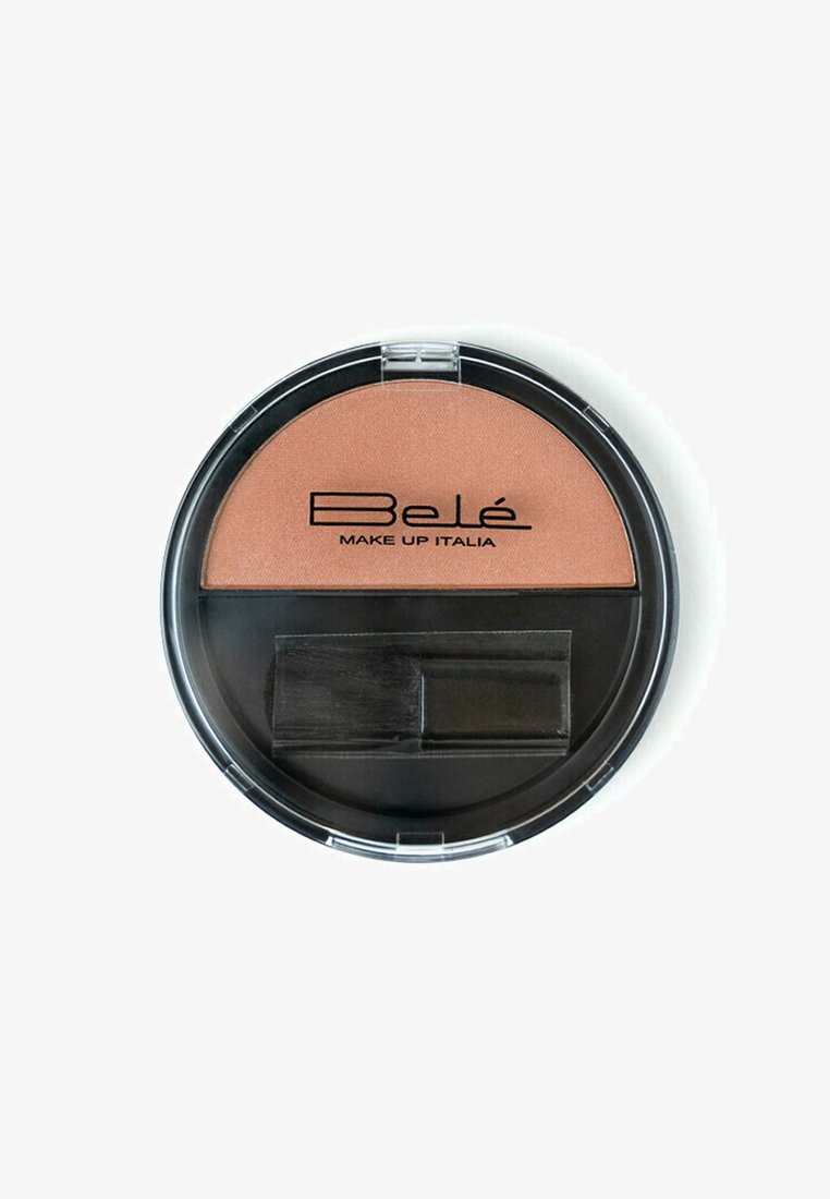 Compatto rotondo per blush con una polvere marrone chiaro, coperchio in plastica trasparente e accenti neri. Include un piccolo pennello applicatore.