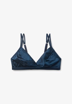 Satin-Bralette in Marineblau mit dreieckigen Schalen, verstellbaren geflochtenen Trägern und glatter Textur. Mit einem breiten, stabilen Band unterhalb der Schalen.