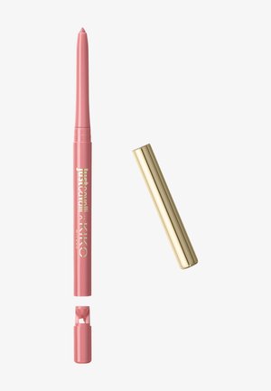 Crayon à lèvres rétractable rose avec capuchon taille-crayon intégré et capuchon de protection séparé de couleur or, présenté sur fond blanc.