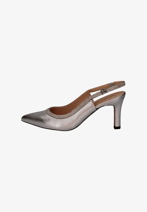 Silberner Satin Slingback-Pumps mit spitzer Zehenpartie, verziertem Rand aus Strasssteinen und mittelhohem Blockabsatz.