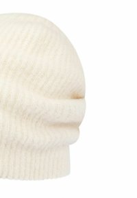Soft white ribbed knit beanie with a folded cuff, shown against a plain white background.