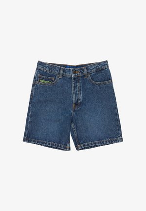 Szorty dżinsowe w ciemnoniebieskim odcieniu, z zapięciem na guzik, dwoma przednimi kieszeniami, jedną tylną kieszenią oraz kontrastującymi żółtymi szwami.