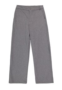Pantalones de pierna ancha grises con rayas verticales blancas, hechos de una tela suave. Cuenta con un cierre de botón, cinturilla y bolsillos laterales.