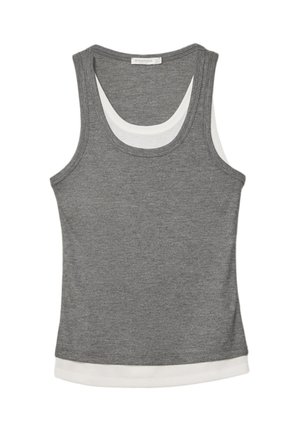 Graues Tank-Top aus geripptem Stoff mit weißem, geschichtetem Saum und Rundhalsausschnitt. Das Design ist ärmellos und hat eine körpernahe Passform.