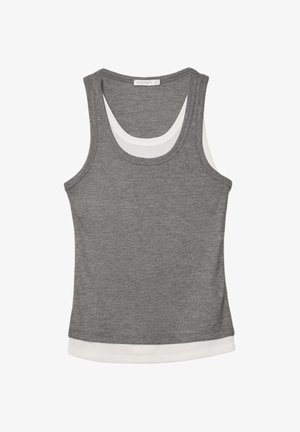 Sivý tielko z rebrového materiálu s bielym viacvrstvovým spodkom a výstrihom do lodičky. Dizajn je bez rukávov a má priliehavý strih.