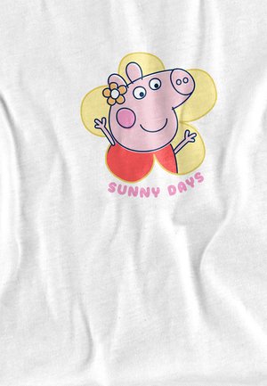 White t-shirt featuring a pink cartoon pig character surrounded by a yellow flower design, with the text "SUNNY DAYS" at the bottom.