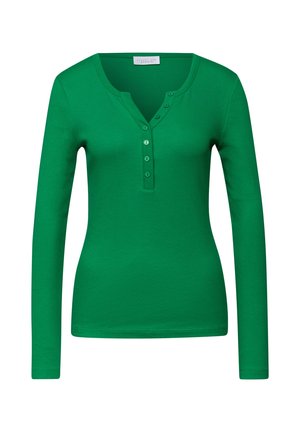 Grünes langärmliges Henley-Oberteil mit geripptem Muster, V-Ausschnitt, fünf-Knopf-Leiste und figurbetonter Silhouette.