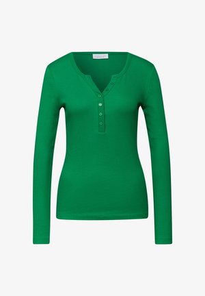 Vihreä pitkähihaisen henley-paita, jossa on ribbineulos, V-kaula-aukko, viiden napin nappilista ja istuva siluetti.