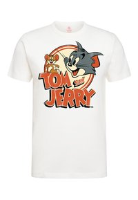 Weißes Baumwoll-T-Shirt mit einem Grafikmotiv von Tom und Jerry, versehen mit fettem roten Text "TOM und JERRY" und einem kreisförmigen orangefarbenen Hintergrund.