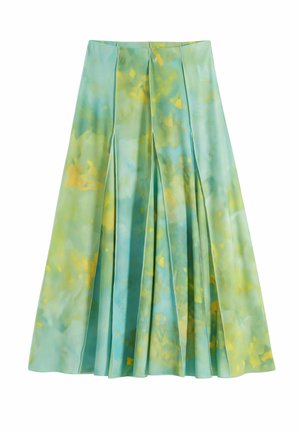 Pleated skirt made of lightweight fabric in green and blue with yellow abstract patterns. Falls below the knee with a smooth texture.