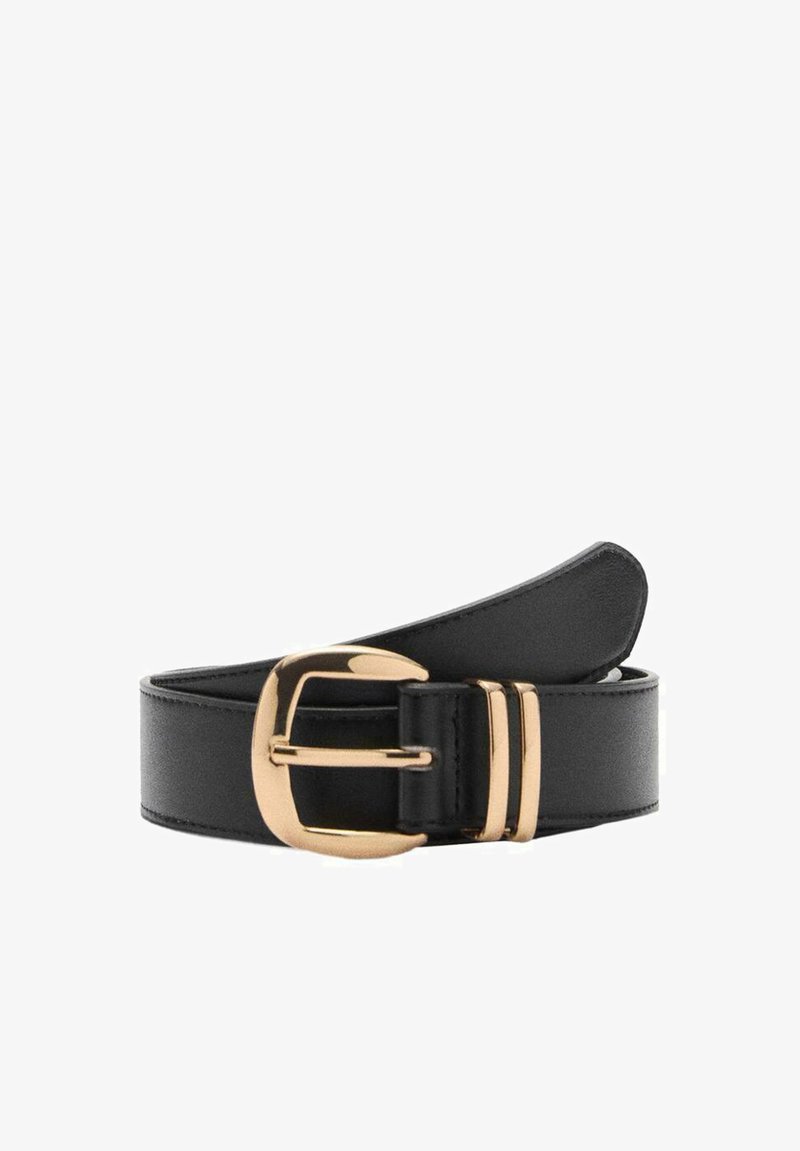 Zwarte leren riem met een gouden metalen gesp, met een soepele textuur en een strak ontwerp. De gesp heeft twee horizontale accenten.