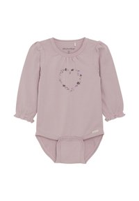 Ljuslila långärmad bodysuit med samlad halsringning, blommig hjärtformad design på framsidan och tryckknappar i nederkant. Texturerat tyg.