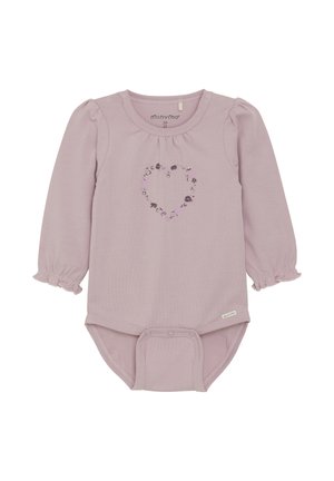 Ljuslila långärmad bodysuit med samlad halsringning, blommig hjärtformad design på framsidan och tryckknappar i nederkant. Texturerat tyg.