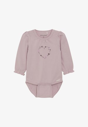 Licht paarse lange mouwen bodysuit met een gerimpelde halslijn, bloemvormig hartontwerp aan de voorkant en drukknoopsluitingen aan de onderkant. Textuurstof.