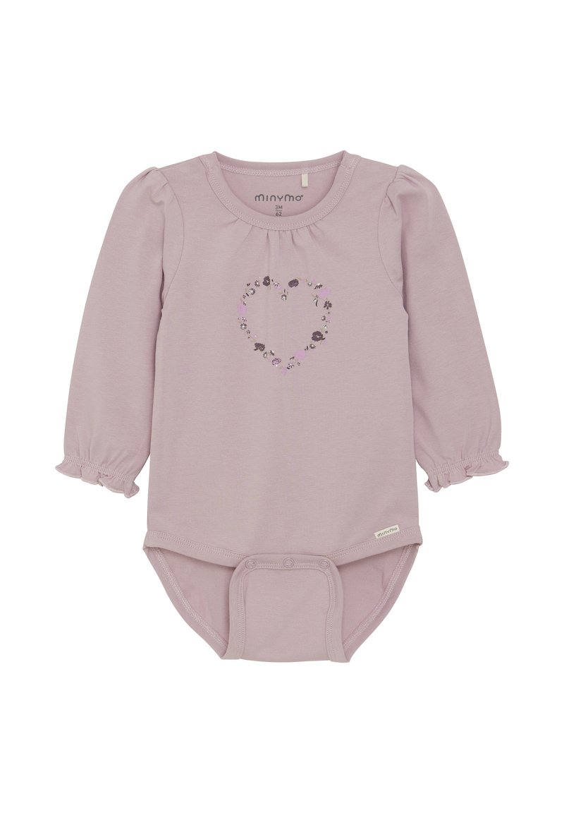 Ljuslila långärmad bodysuit med samlad halsringning, blommig hjärtformad design på framsidan och tryckknappar i nederkant. Texturerat tyg.