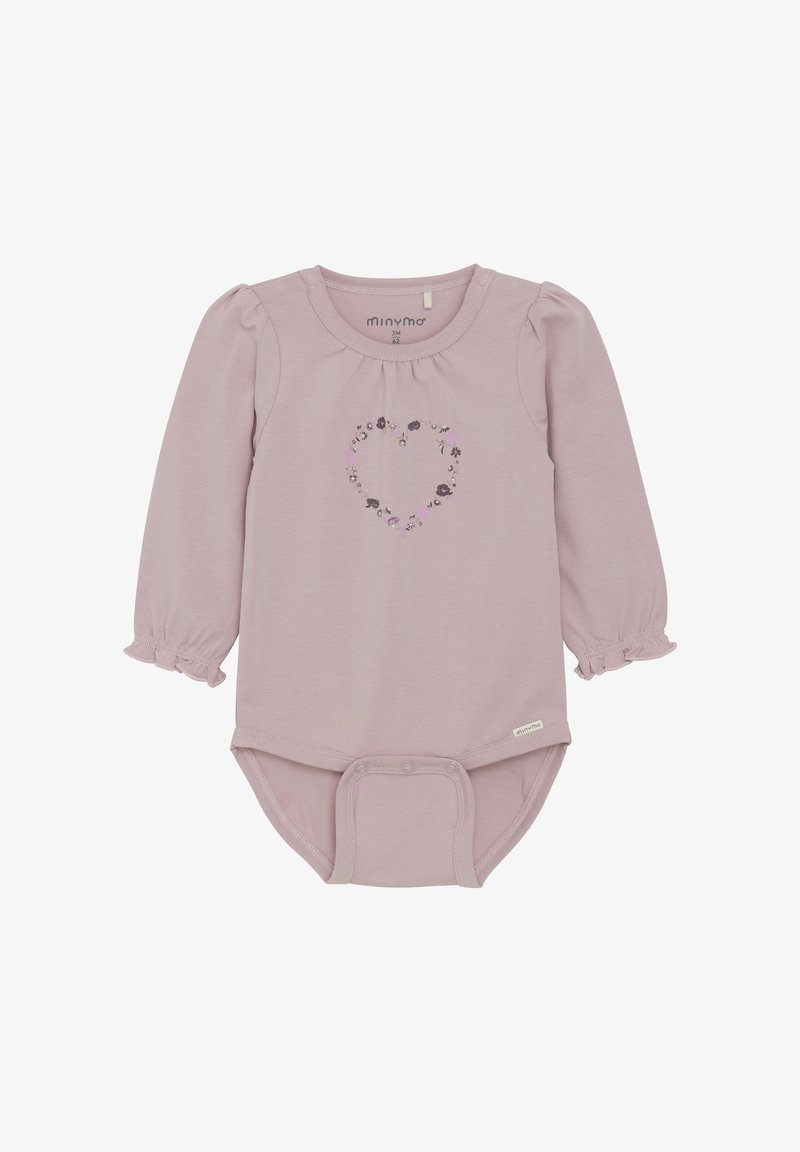 Ljuslila långärmad bodysuit med samlad halsringning, blommig hjärtformad design på framsidan och tryckknappar i nederkant. Texturerat tyg.