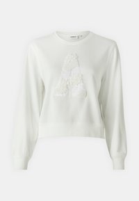 Sweatshirt scurt alb, cu un litera "A" texturată realizată din țesături variate. Guler rotund, mâneci cu elastic și o textură moale și netedă.