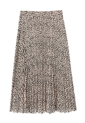 Gonna pieghettata beige con una fascia elastica in vita, decorata con un motivo a pois neri irregolari su tutto il tessuto.
